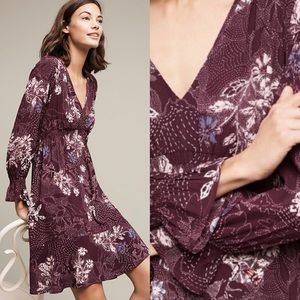 Anthropologie Maeve Floral Ruffle Monaco Mini Dress Long Sleeve Paisley V-neck